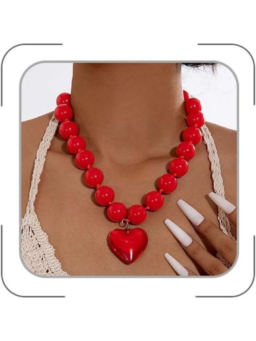 Women's Dark Red Chunky Beaded Heart Pendant Necklace Trendy Y2k Choker Gift
